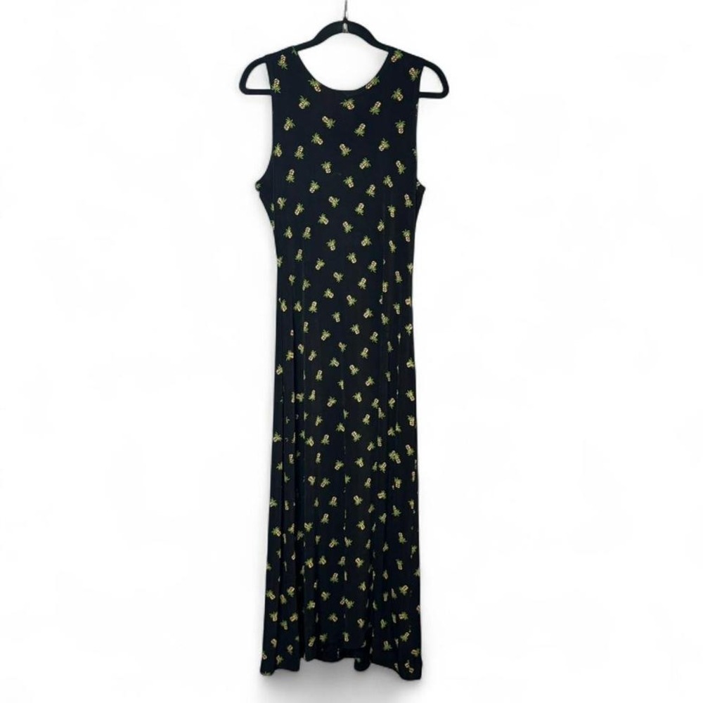 Vintage 90s Maxi Dress Women's Size Small Black Yellow Pineapple Slinky Stretch